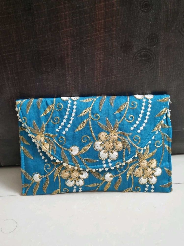 Embroidered Blue Clutch Bag