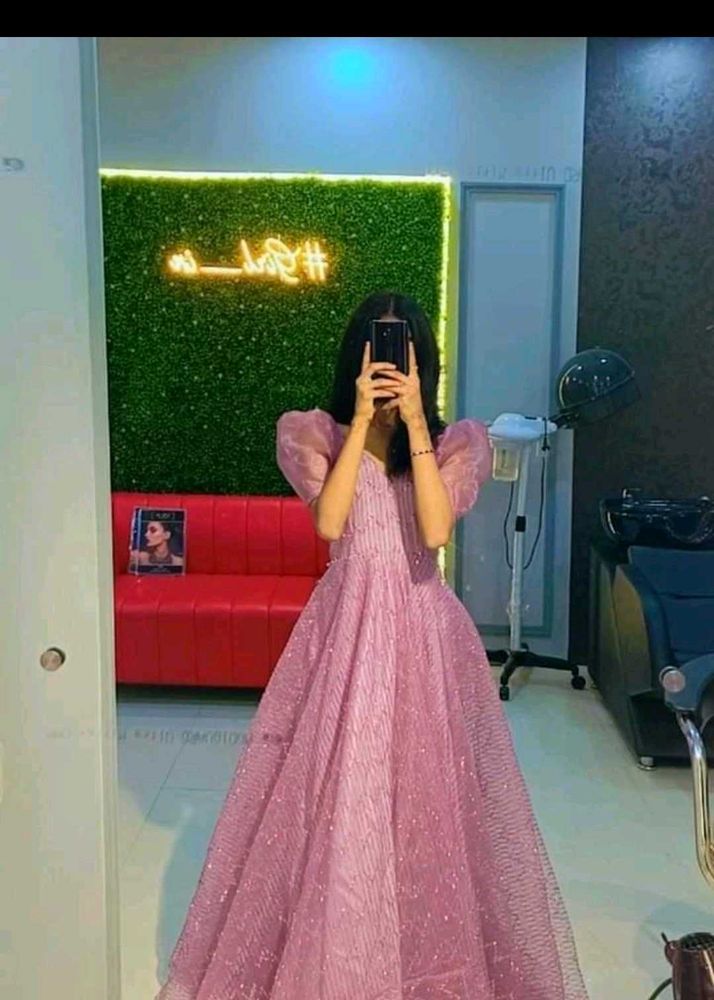 Sparkly Pink Gown with Puff Sleeves