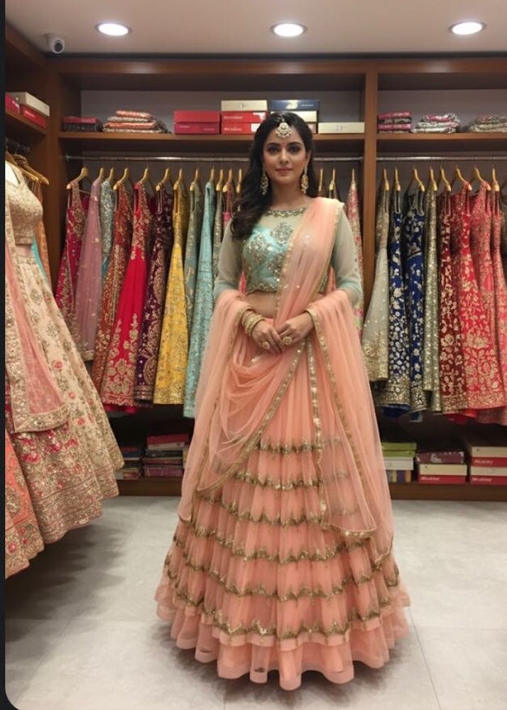 Elegant Peach Layered Lehenga Choli with Dupatta