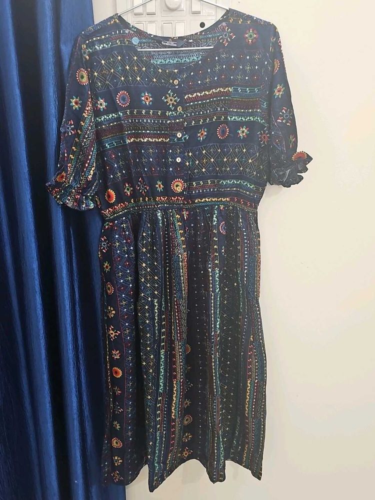 Patterned Navy Midi Dress