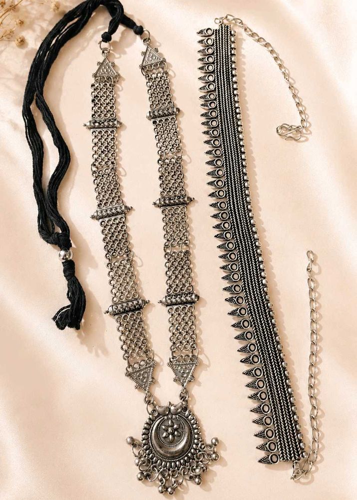 Elegant Oxidized Silver Long Necklace &amp; Choker Com