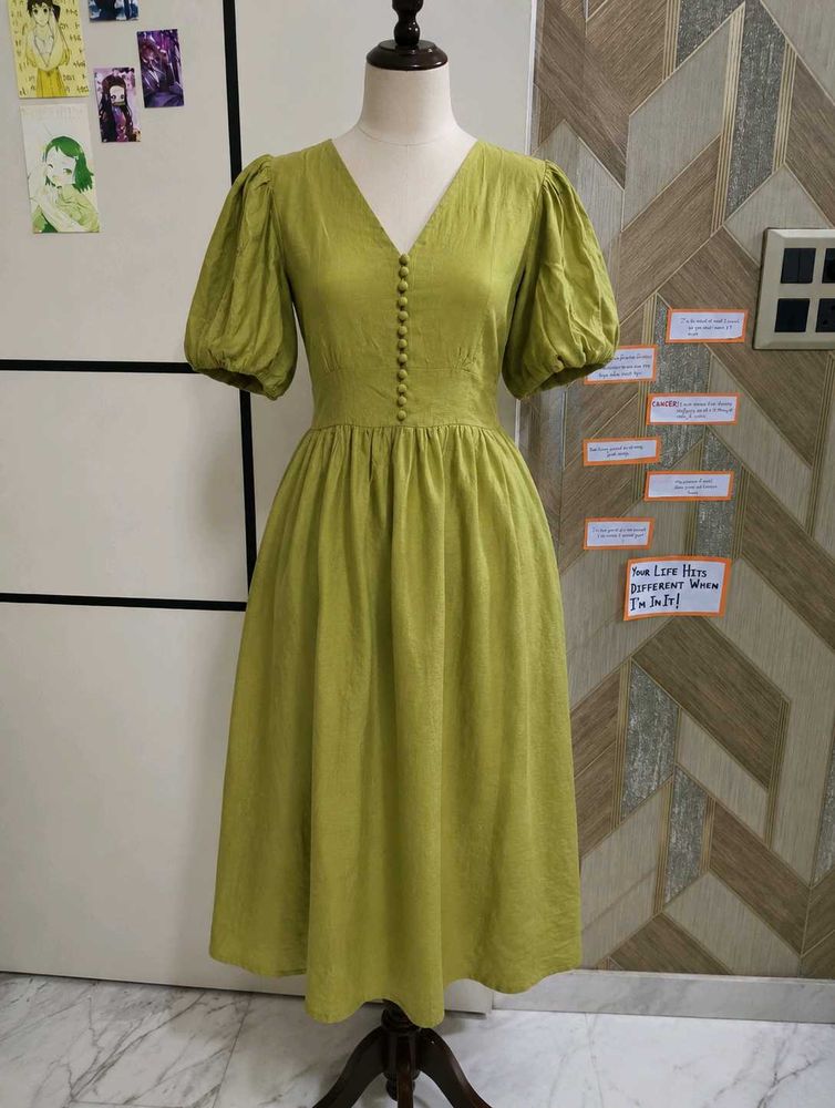 Olive Green Puff Sleeve Midi Dress