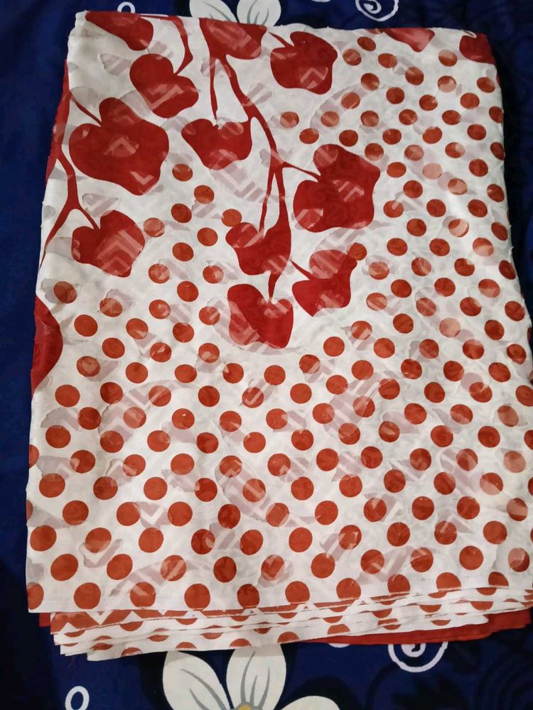 Red &amp; White Polka Dot Saree