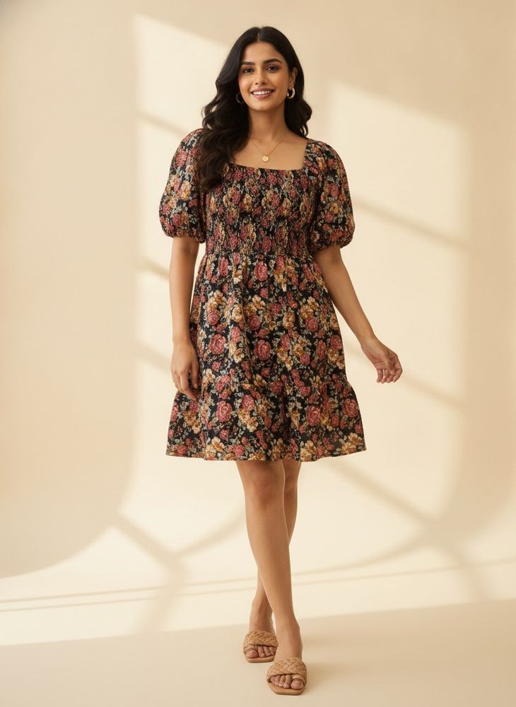 Floral Square Neck Puff Sleeve Dress