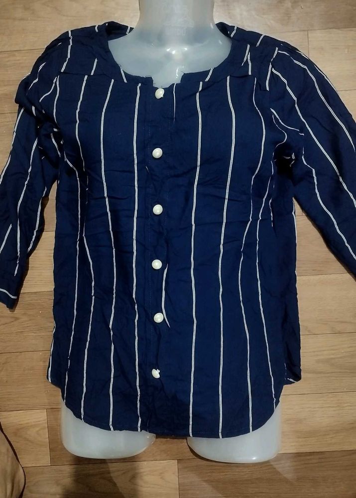 Navy Blue Striped Button-Up Top