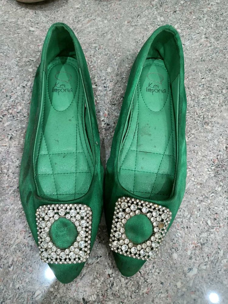 Emerald Green Embellished Flats