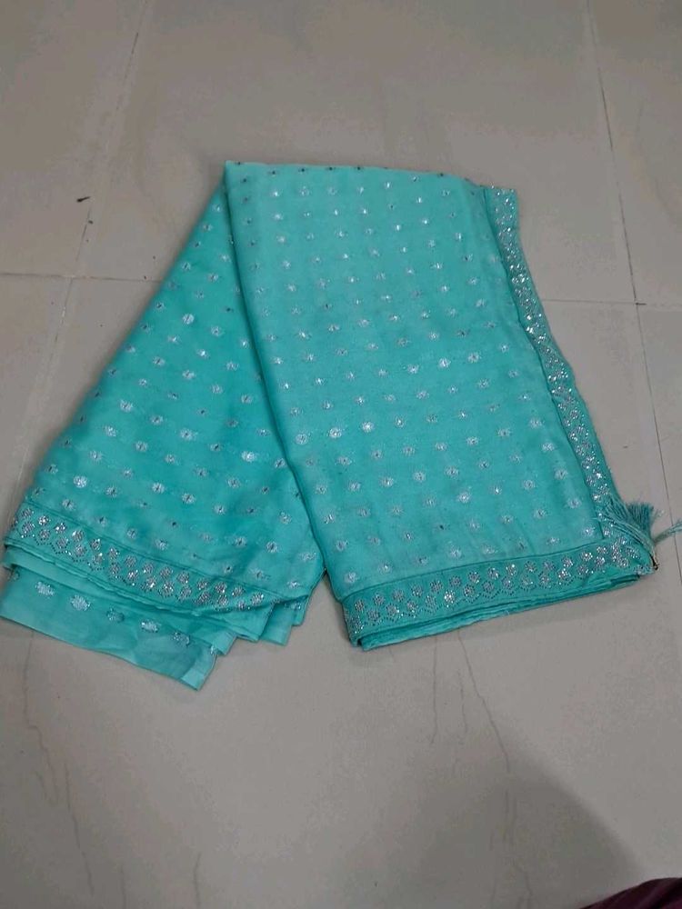 Stunning Teal Saree with Mirror Work