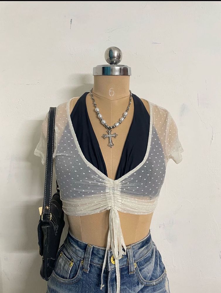 Sheer Polka Dot Ruched Crop Top