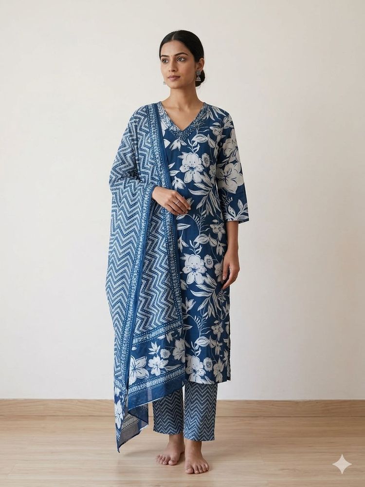 Blue Floral Print Kurta Set with Dupatta