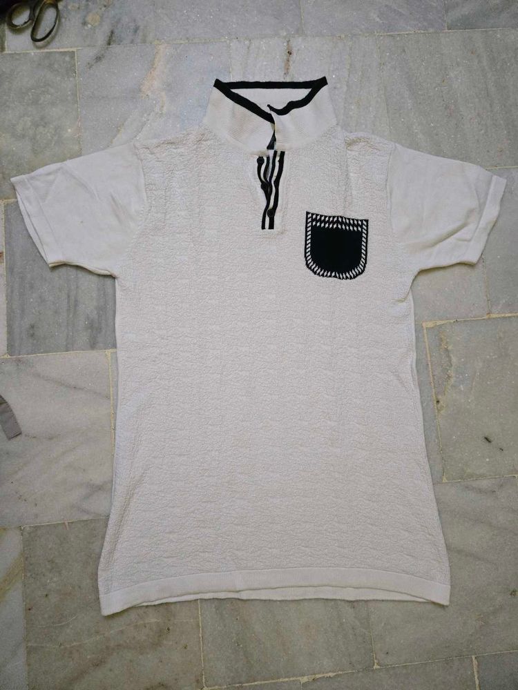 Men's White Textured Polo T-Shirt