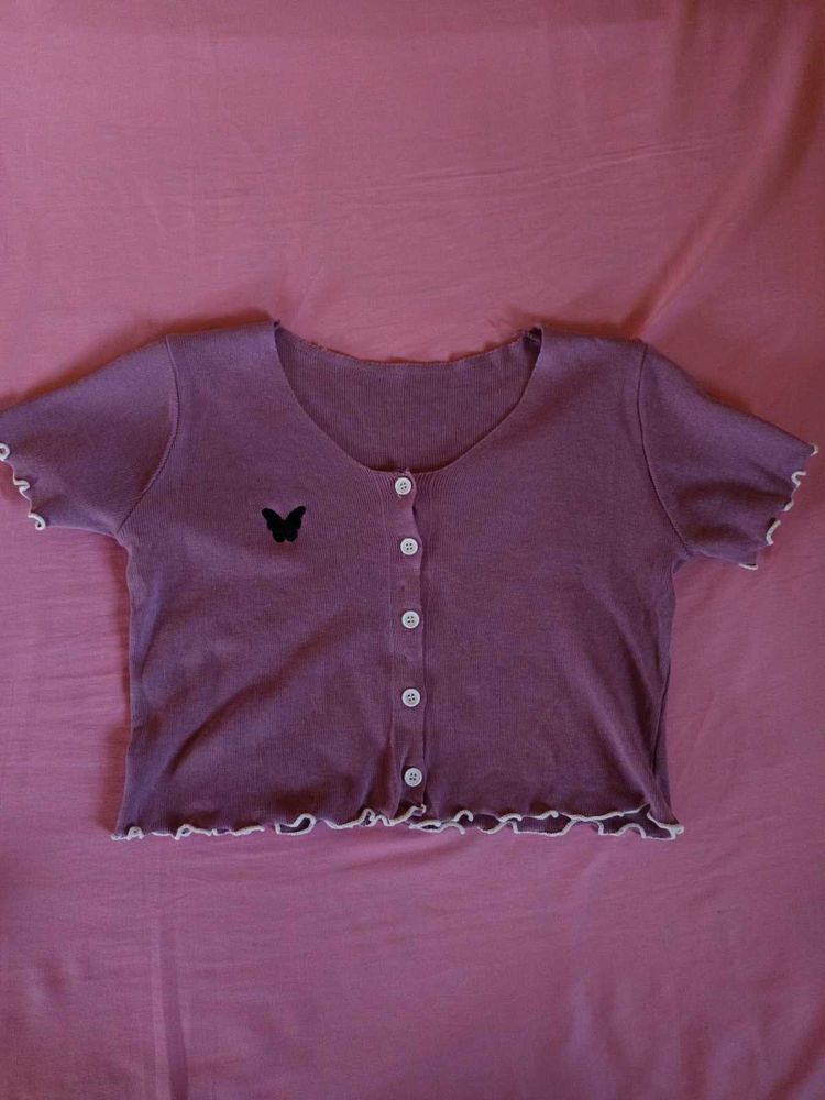Cute Butterfly Button-Up Cropped Top