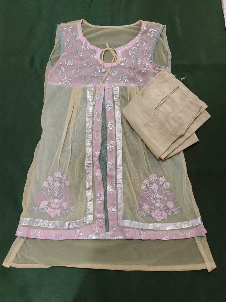 Neted Frock With silwer Block Print