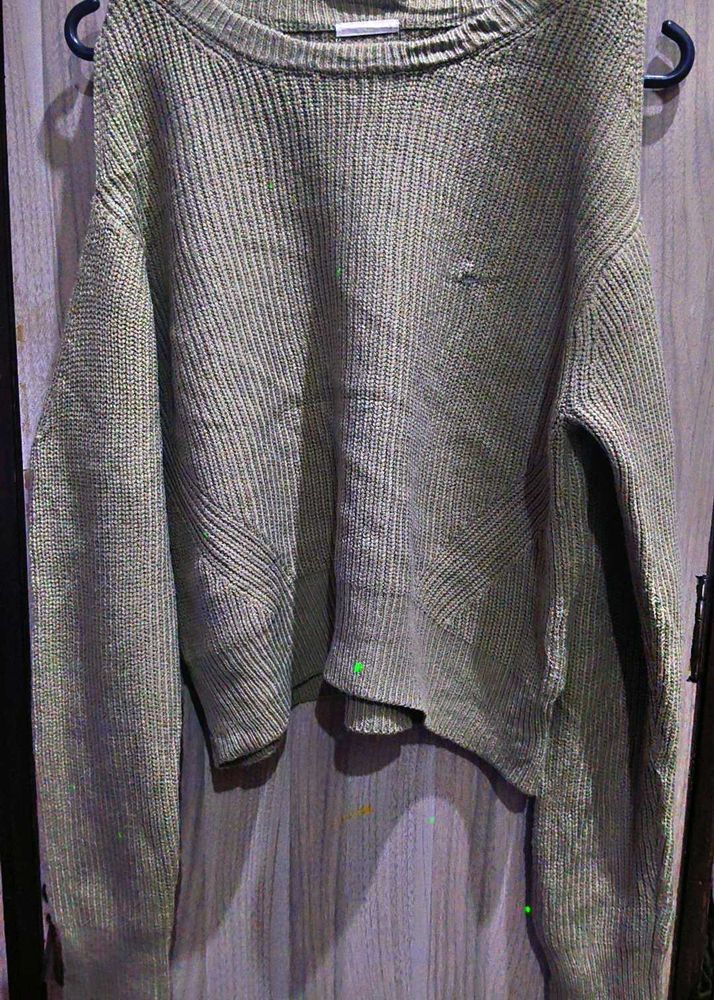 Olive Green Knit Pullover Sweater shoulder cut