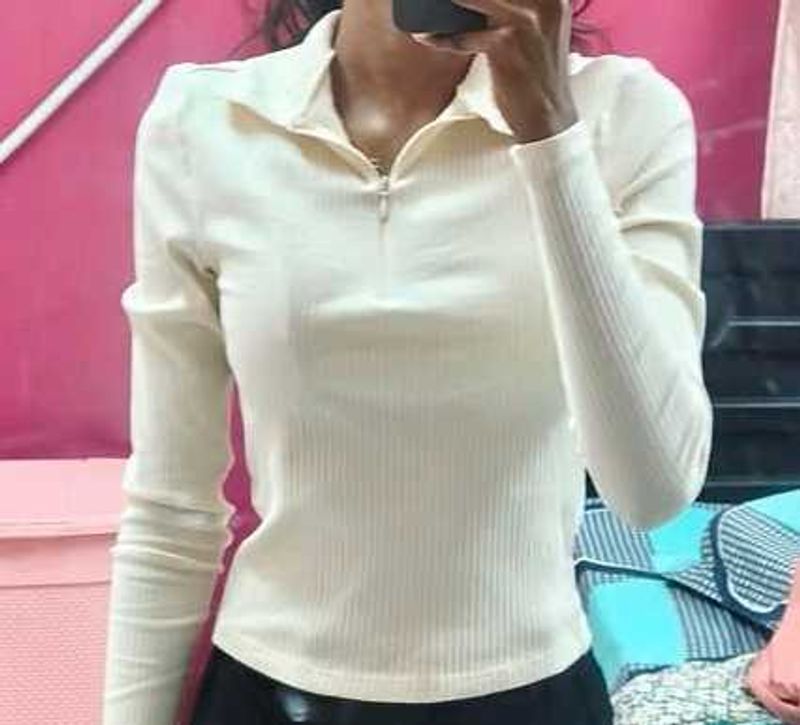 Ribbed Collared Zip-Up Long Sleeve Top