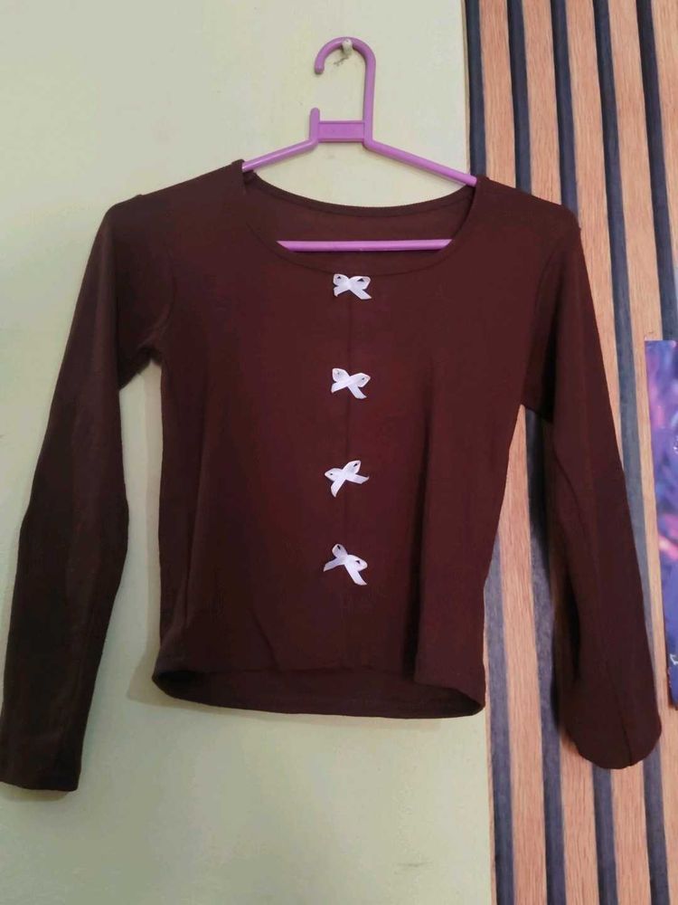Cute Brown Long Sleeve Top with Bows