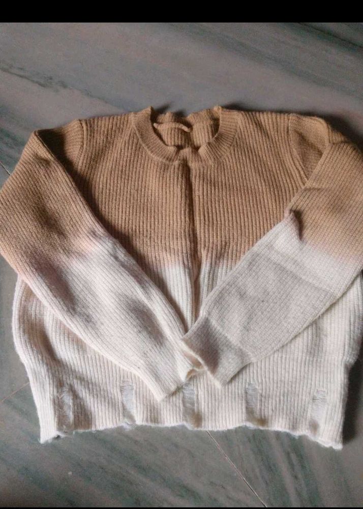 Cream &amp; Tan Ombre Distressed Sweater