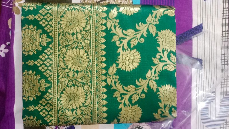 Green &amp; Gold Banarasi Silk Fabric