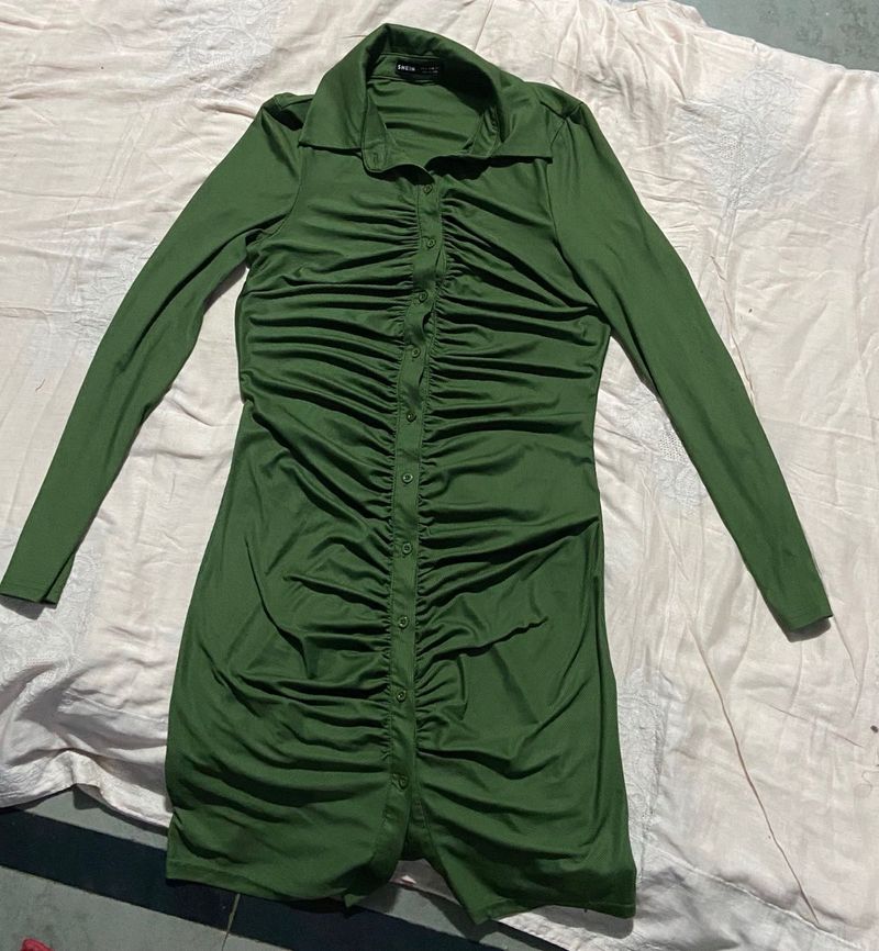 Green Shirt Ruched Dress