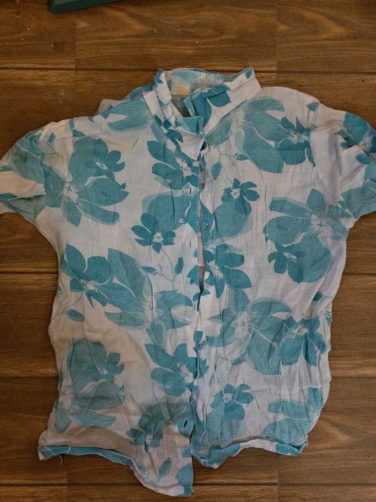 Blue Floral Print Short Sleeve Shirt