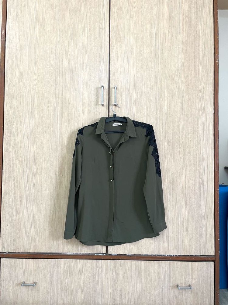 olive green formal  shirt  stylish net on sleeve