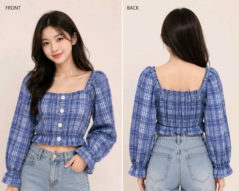 Blue Plaid Square Neck Crop Top