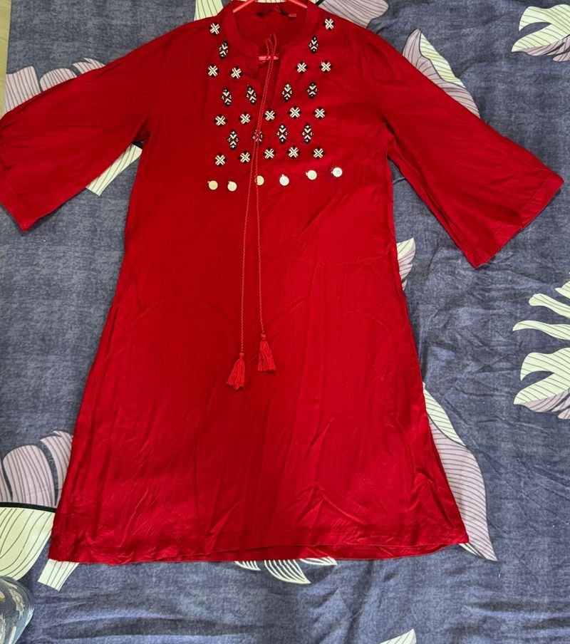 Red Embroidered Tunic Dress