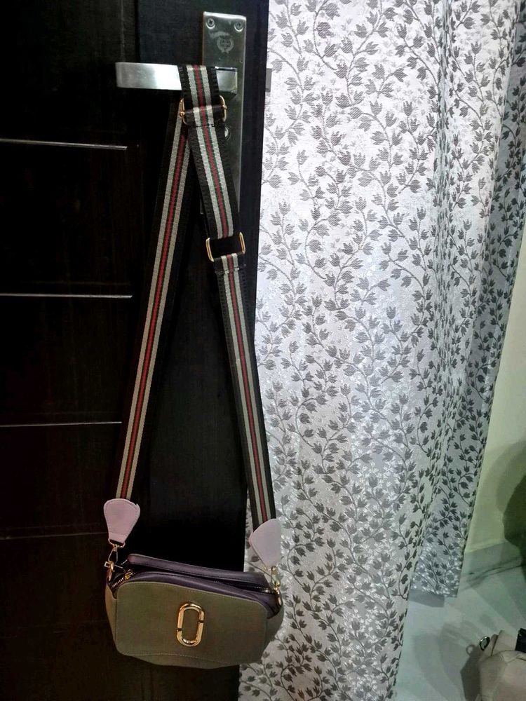 Trendy Tan Crossbody Sling Bag with Striped Strap