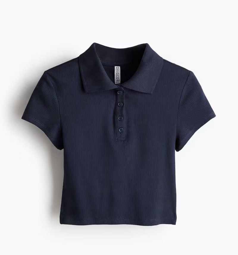 H&amp;M Navy Ribbed Cropped Polo Top