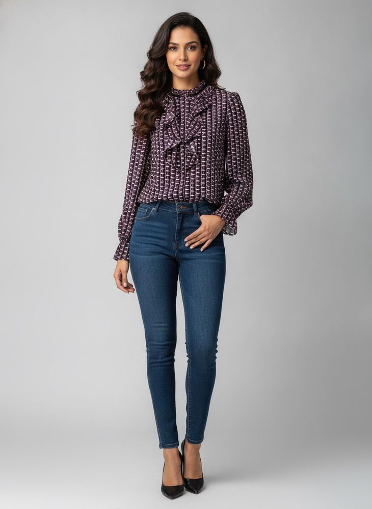 Chic Geometric Print Ruffle Blouse