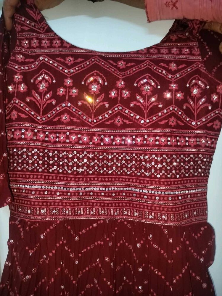 Stunning Maroon Sequined Ethnic Gown