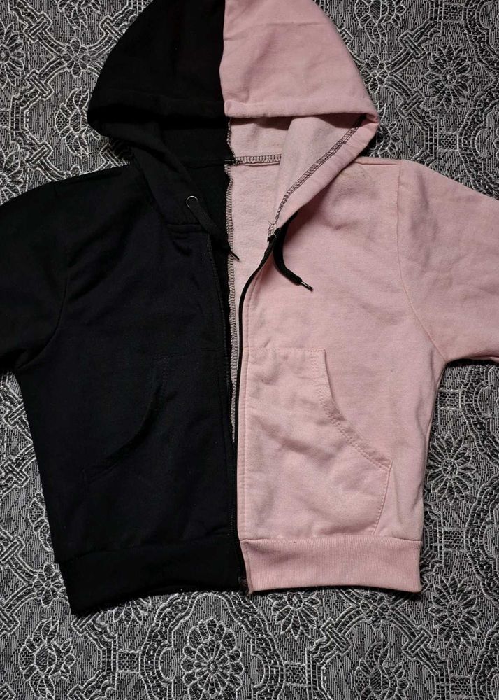 Colorblock Zip Up Hoodie - Black &amp; Pink