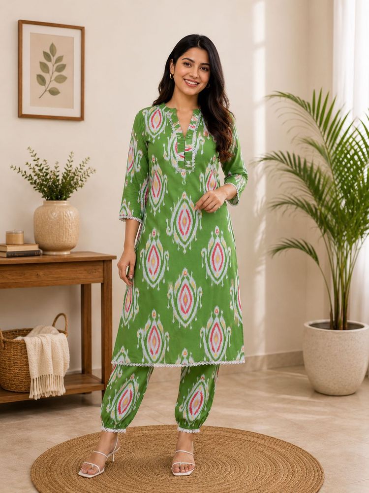 Green Ikat Print Kurta Set