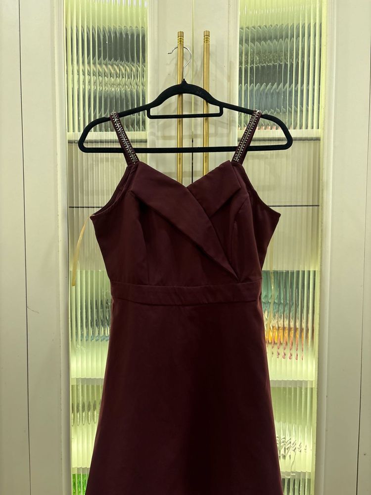 Elegant Maroon Embellished Strap Dress