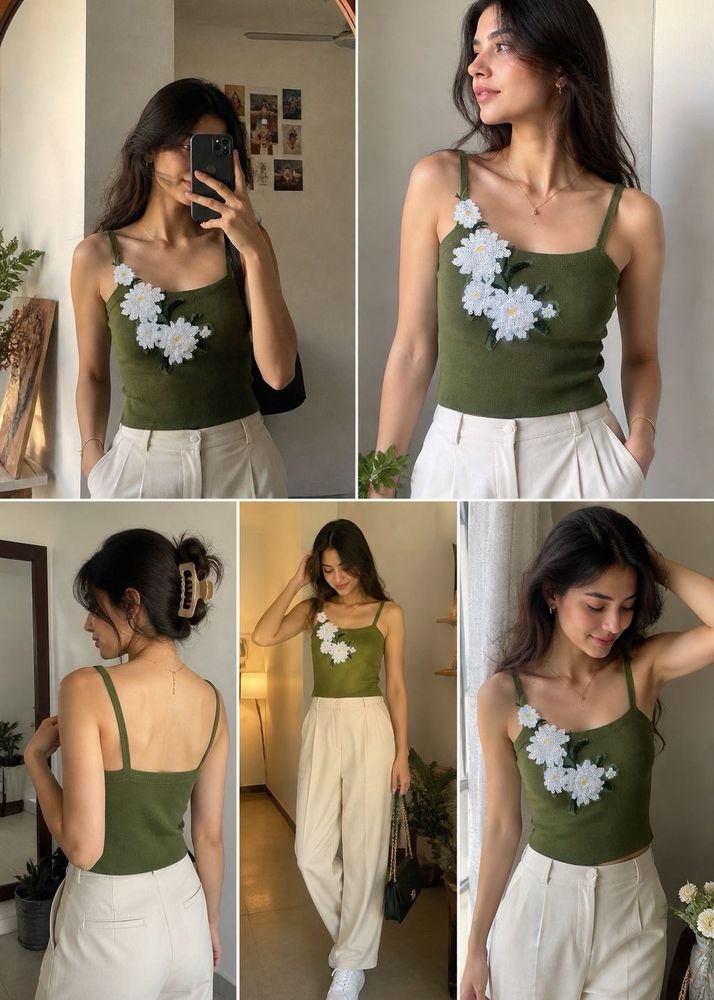 Green Crop Top with Floral Embellishment