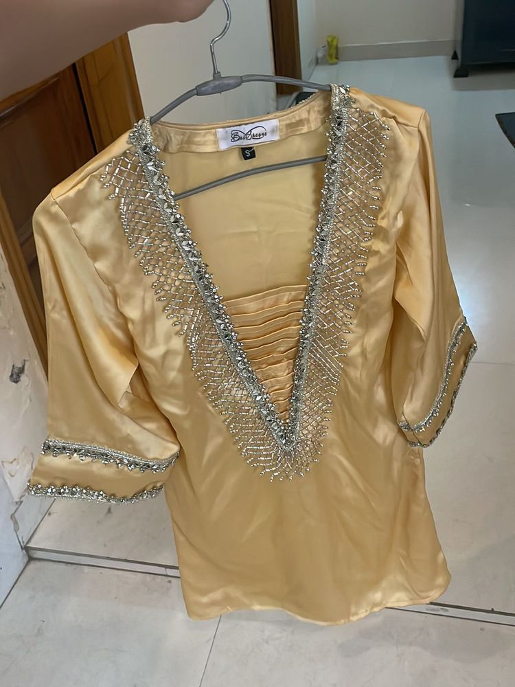 Beaded V-Neck Yellow Kurta