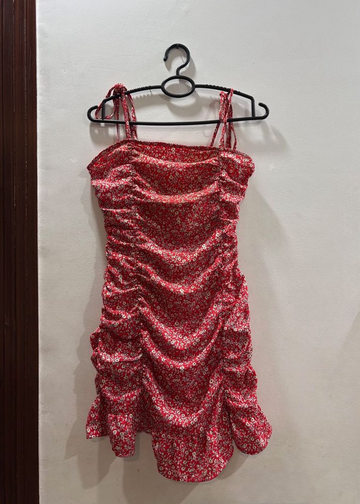 Red Floral Ruched Mini Dress | adjustable straps