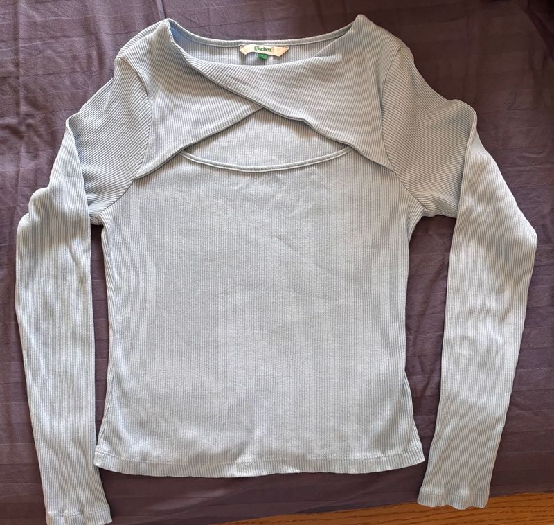 Light Blue Cut-Out Ribbed Long Sleeve Top