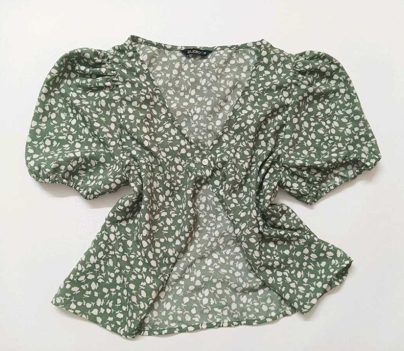 Green Floral Puff Sleeve Top shirt