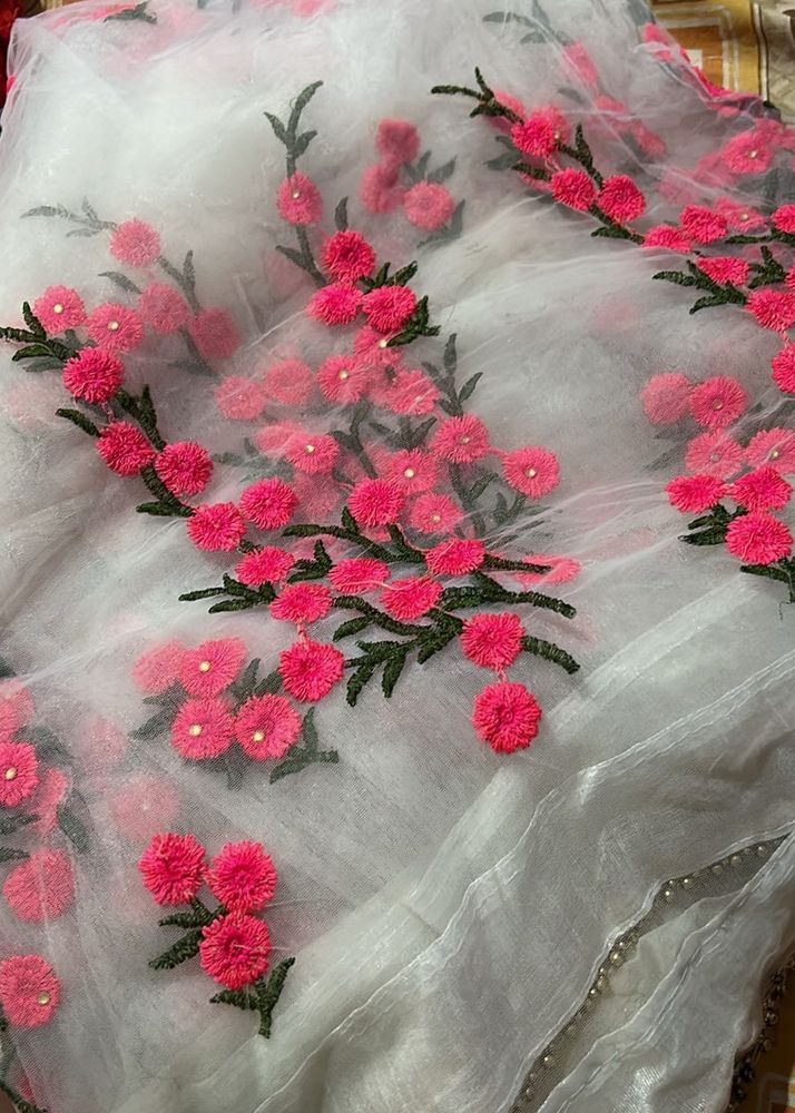 White Saree with Pink Floral Embroidery