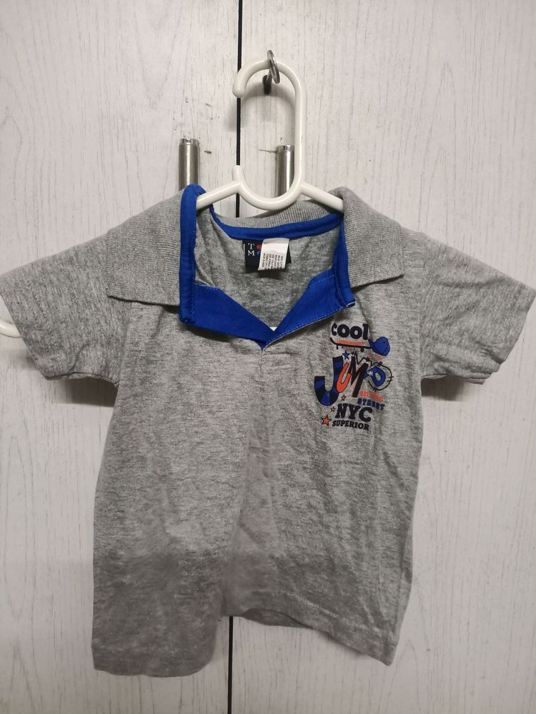 Boys Grey Printed Collar T Shirt
