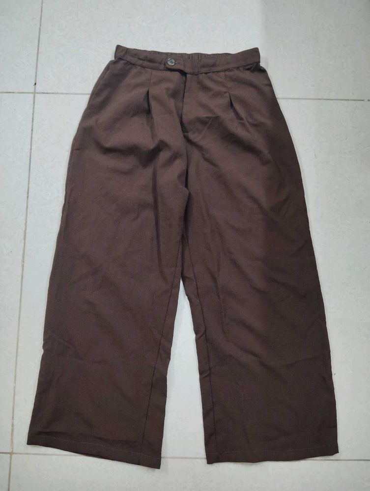 Brown Wide-Leg Pleated Trousers