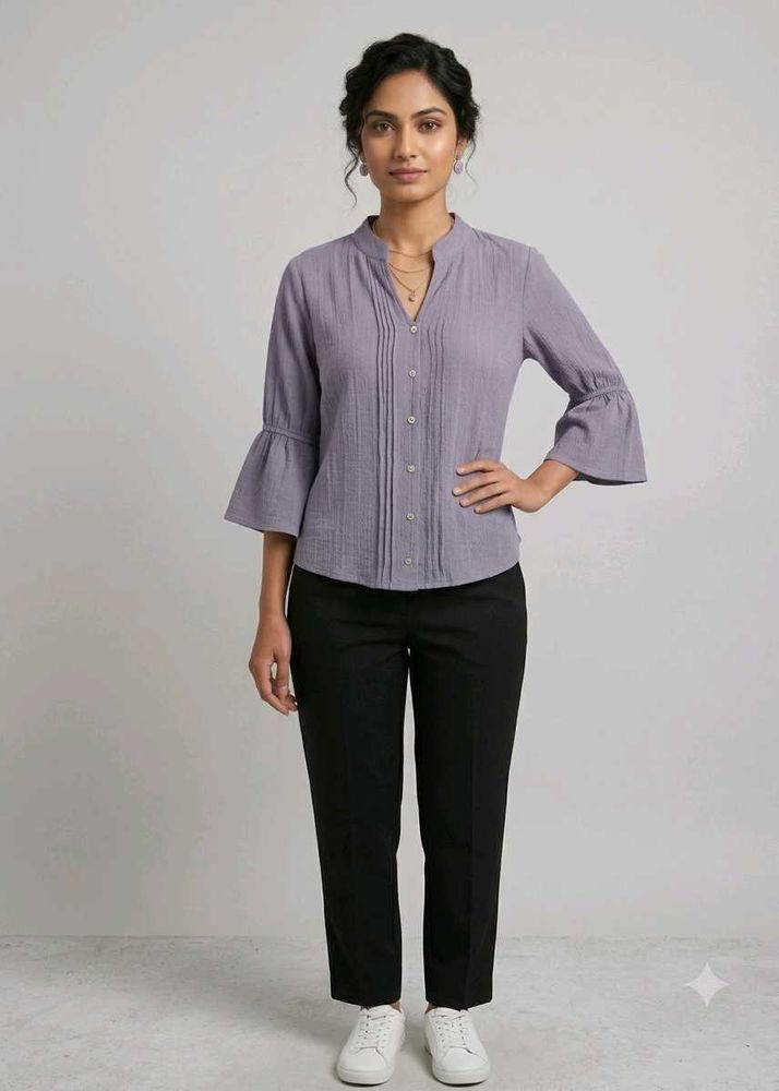 Elegant Dusty Purple Pleated Top - Statement Bell