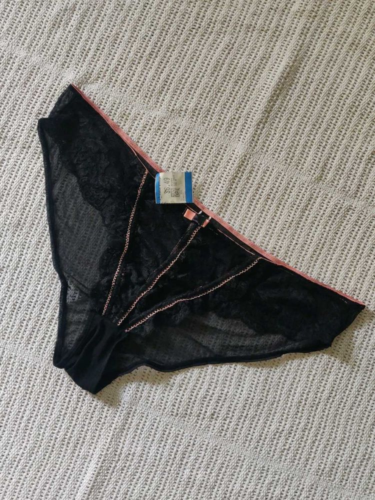 Adore me Black Lace Briefs with Pink Trim