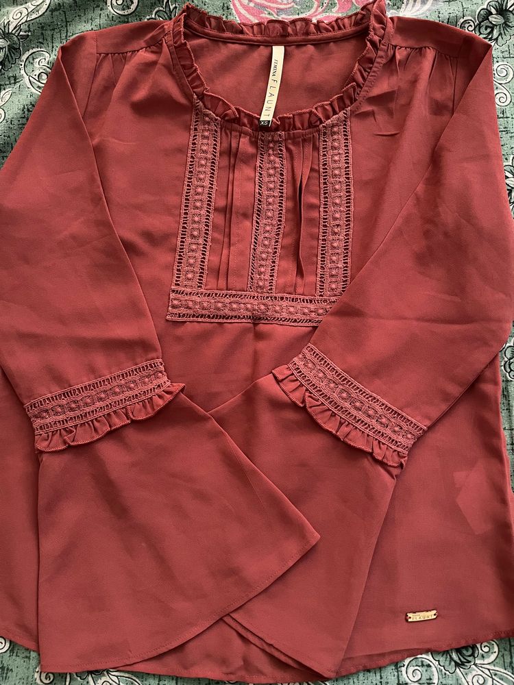 Solid Round Neck Brown Top For Women