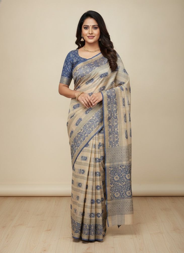 Elegant Beige &amp; Blue Saree