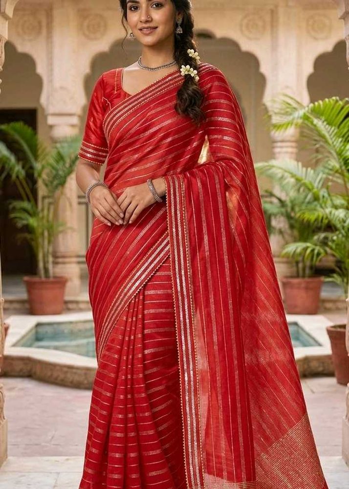 Elegant Red Saree with Gold Stripes