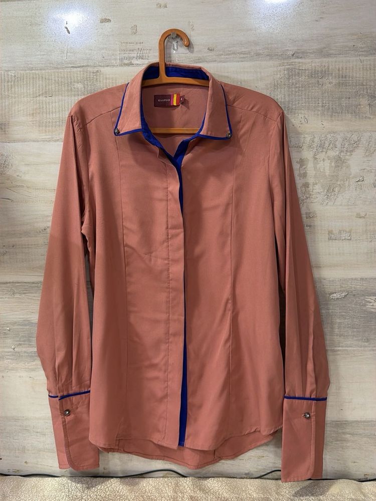 Chic Pink Button-Up Shirt with Blue Trim