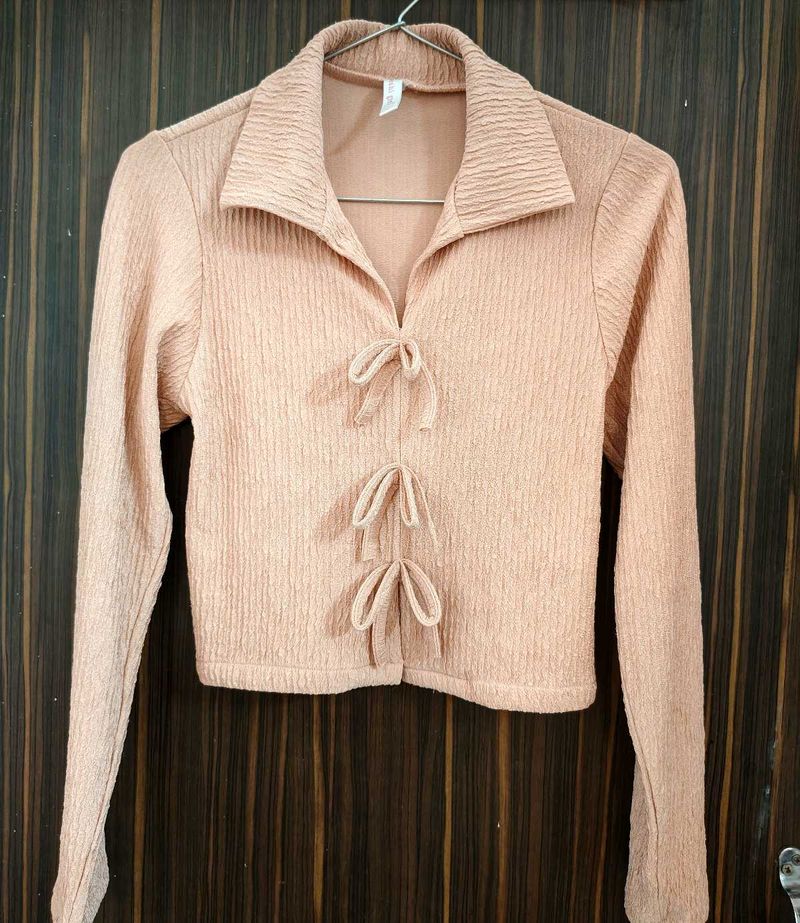 Cute Pink Textured Tie-Front Top