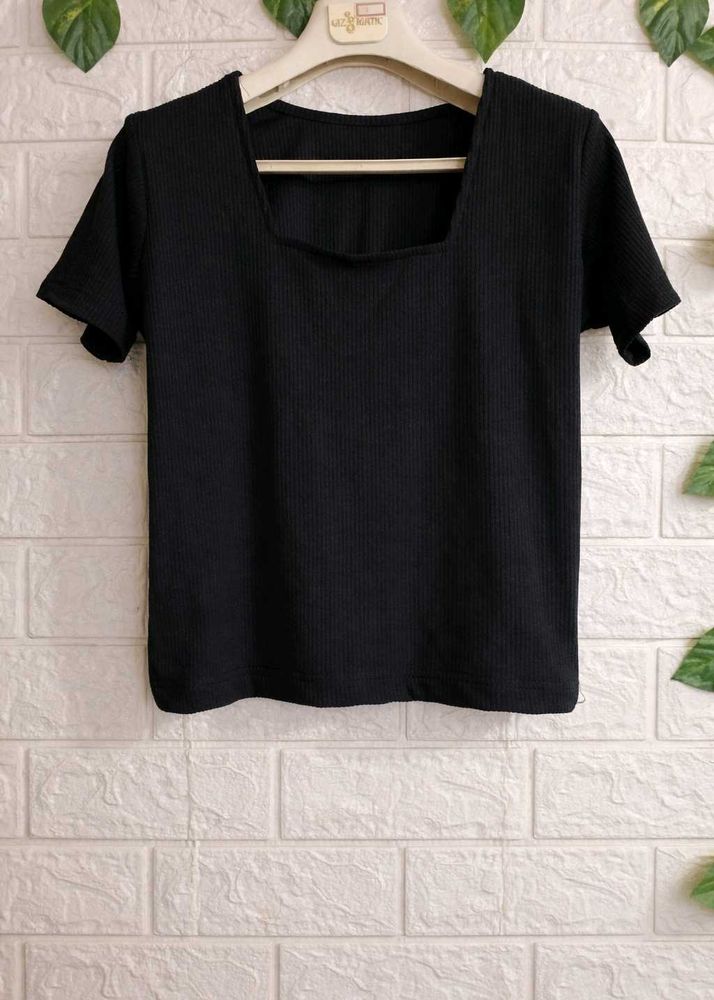 Black Square Neck Ribbed Top