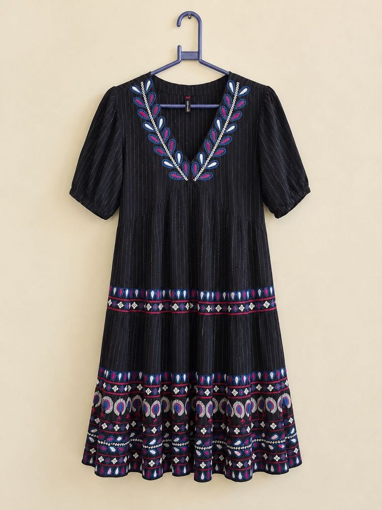 Embroidered Black Striped Dress